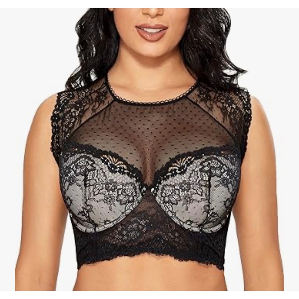 Dobreva Black Lace Longline Bralette Underwire Racerback Bra 38DD New